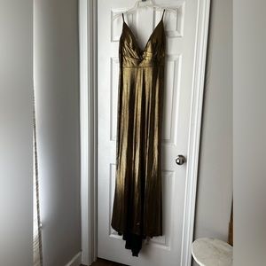 Ieena for Mac Duggal BRONZE METALLIC FAUX WRAP SPAGHETTI STRAP GOWN